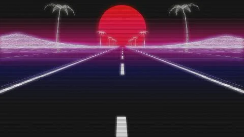 Synthwave palms road 80 Retro Background 3d render Stock Illustration