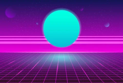 Synthwave Retro Blue Planet Neon Grid Background 80s Futuristic Party Background Stock Illustration