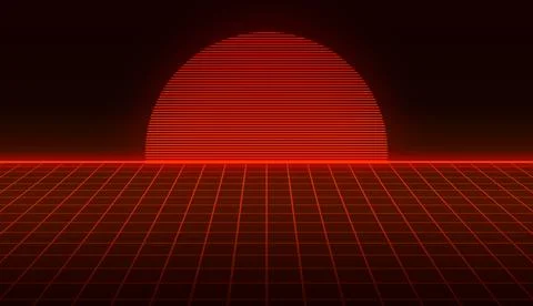Synthwave retro grid landscape with glowing red sun and horizon line synthw.. Stock Illustration