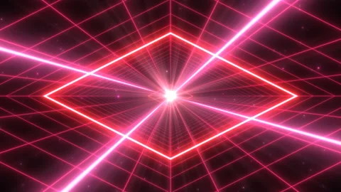 Synthwave Retro Grid Tunnel and Futuristic Diamond Neon Lights Glow Stock Footage 133434744