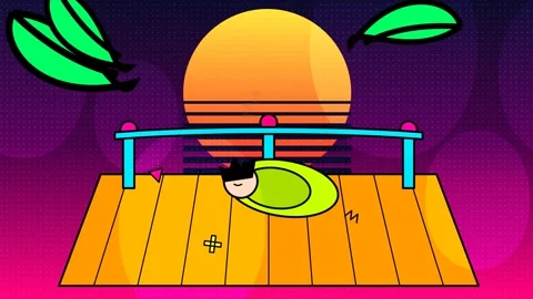Synthwave Retro Loop Animation Sleeping Character On Deck With Neon Sun Stock Footage 341175039