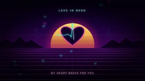Synthwave retro neon heart animation with heartbeat line for Valentine's Day Stock Footage 346301977
