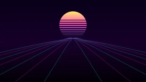 Synthwave retro sun with glowing neon perspective horizon lines Stock Footage 335941274