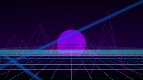 Synthwave retro sun glowing neon mountain grid seamless loop Stock Footage 346332196