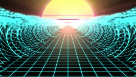 Synthwave Retro Wireframe Net Grid Ocean Tidal Waves and 80s Sun Stock Footage 126020104