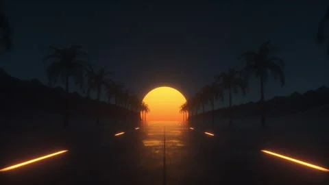 Synthwave Road With Sun and palms Stock Footage 247355690