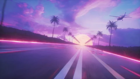 SynthWave Style Background of Endless Road with Palm Trees Loop Stock Footage 281605999