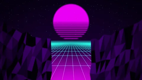 Synthwave sun glowing grid canyon driving seamless loop background Stock Footage 346332235