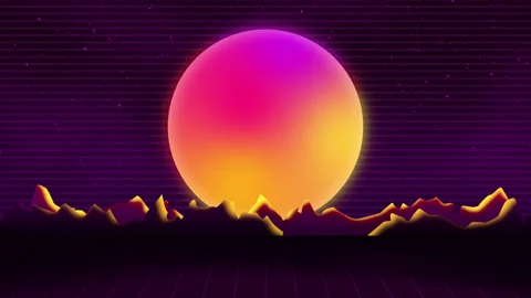 Synthwave. Sunset above the mountains. 80s style, Retro Futurism Background VHS Stock Footage 145992219