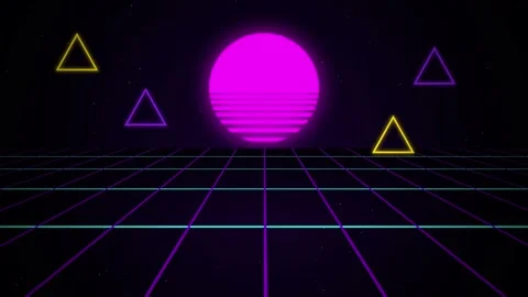 Synthwave sunset glowing wireframe triangles seamless looping motion Stock Footage 345182922