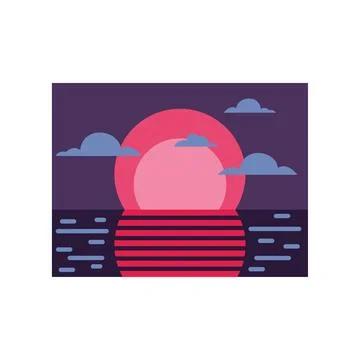 Synthwave sunset over ocean with clouds Stock Illustration