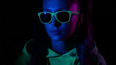 Synthwave swag cult lady posing gradient shadow flickering backdrop Stock Footage 164977602