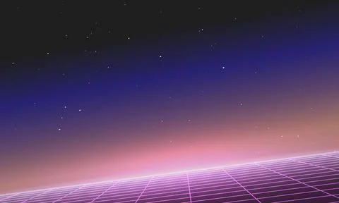 Synthwave Vector Graphic with Grids in Space. Galaxy Quest in 80's style. Stock Illustration