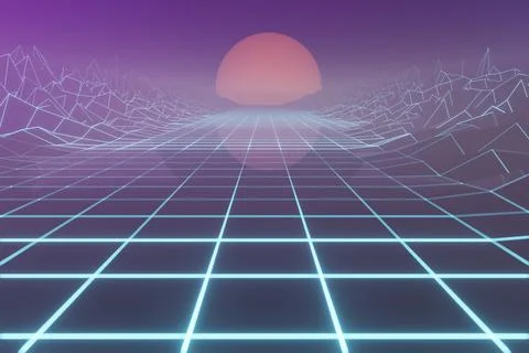 Synthwave wireframe 80s retro background.Retrowave horizon landscape with neo Stock Illustration