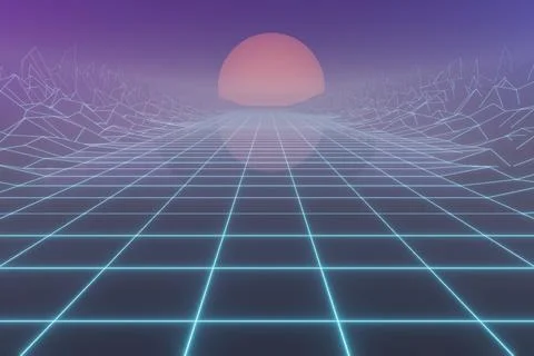 Synthwave wireframe 80s retro background.Retrowave horizon landscape with neo Stock-Illustration