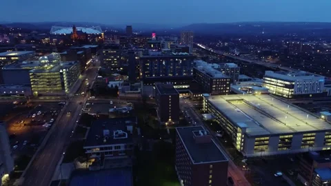 Syracuse New York State Downtown at Night with City Lights from an Aerial View Stock Footage 344876845