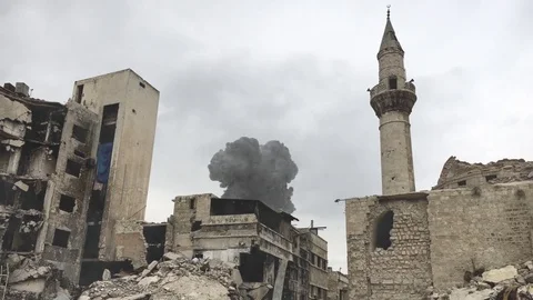 Syria bomb explosion smoke Stock Footage 78481620