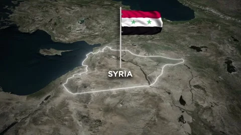 Syria Border Map Animation with 3D Waving Syria National Flag on World Map Stock Footage 329574726