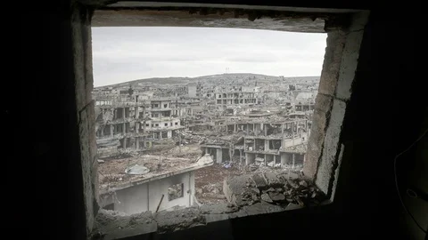Syria destroyed city view from a window Stockbeeldmateriaal 74162303