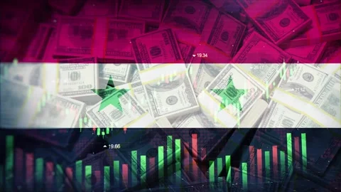 Syria Flag on Economic Background With Decrease Bar Chart Graph And Arrow Stock Footage 320893264