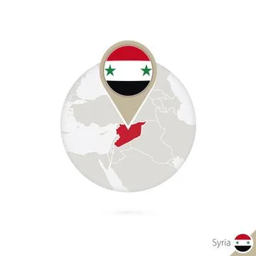 Syria map and flag in circle. Map of Syria, Syria flag pin. Map of Syria in.. Ilustración de archivo