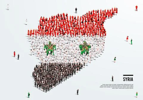 Syria Map and Flag. A large group of people in the Syrian flag color. Stock Illustration