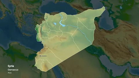 Syria map - extract. Regions. Physical. Labels Stock Footage