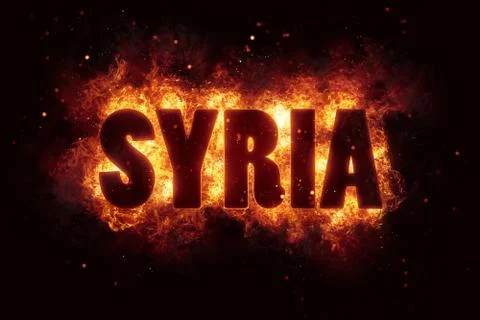 Syria war text on fire flames explosion burning Ilustración de archivo