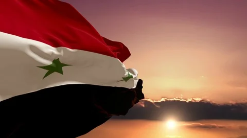 The Syrian flag flies at sunset over the desert. The evening light, a time-lapse Video stock 119083994