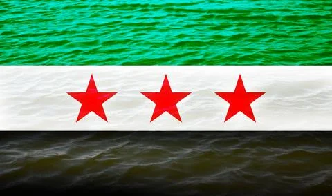 Syrian flag waving against a dramatic backdrop, symbolizing resilience amid.. Stock Photos