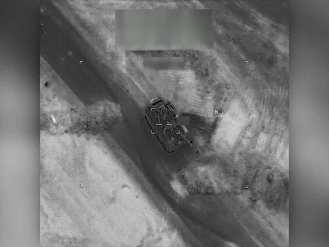 Syrian Forces  hit T-72 Tank Weapon System from air in self defense Stock Footage 85841644