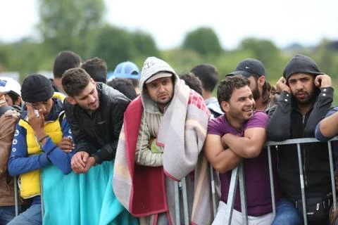 Syrian refugees at slovenian border Stock Photos