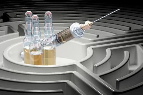Syringe with ampules inside labyrinth maze. Drug addiction concept. 3D render Illustrazione stock