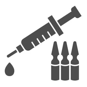 Syringe and ampoules solid icon. Covid-19 vaccine glyph style pictogram on white 스톡 일러스트