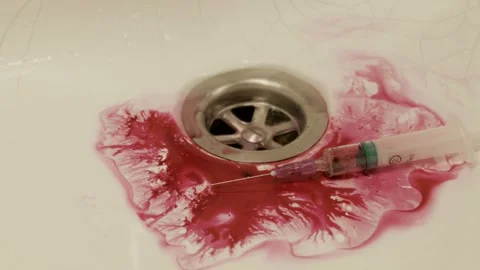 Syringe In Bloody Sink With Red Liquid For Dramatic Drug Addiction Concept Video stock 329052555