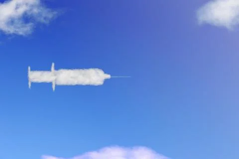 Syringe cloud shape on blue sky. Illustrazione stock