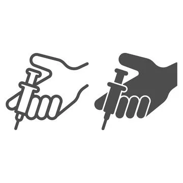 Syringe in hand line and solid icon, injections concept, Medical injection 스톡 일러스트