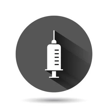 Syringe icon in flat style. Inject needle vector illustration on black round  Stock Illustration