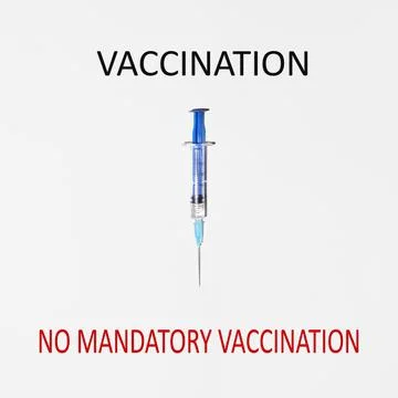 Syringe indicating red text No Mandatory Vaccination. Concept of choice Stock Photos