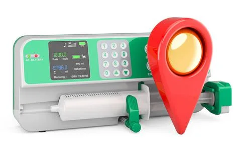 Syringe infusion pump with map pointer. 3D rendering 스톡 일러스트