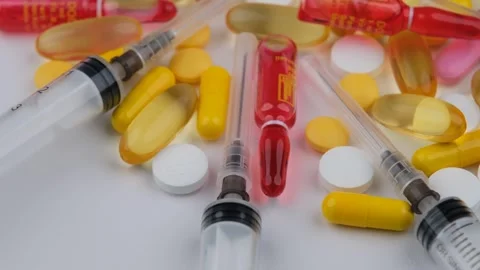 Syringe injector pills rotating Video stock 243666183