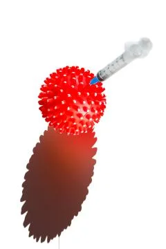 A syringe inserted into a ball with spikes, symbolizing the coronavirus Stock Photos