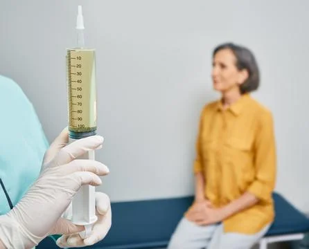 Syringe with medicinal solution in doctor's hand before doctor performs ear i Fotos Stock