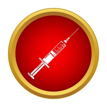 Syringe with needle inside a red circular frame with a gold border Stock Illustration