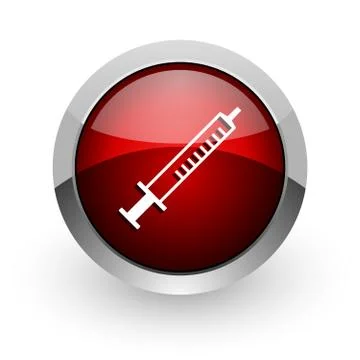 Syringe red circle web glossy icon. Illustrazione stock