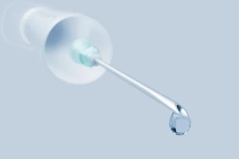 Syringe with a thin needle and drop, closeup on white background. Render 3d i イラスト素材
