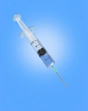 Syringe with vaccine on blue. 3D Rendering illustration. Stock Illustration
