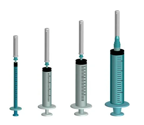 Syringes 3d set vector illustration. Syringes of different size. Stock Illustration
