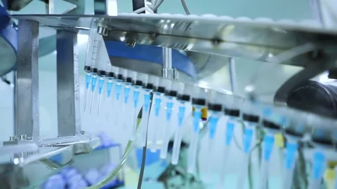 Syringes move along the conveyor Stock Footage 163085562