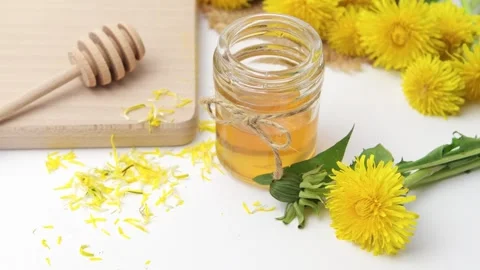 Syrup, dandelion honey, composition with fresh flowers Stock Footage 272230557